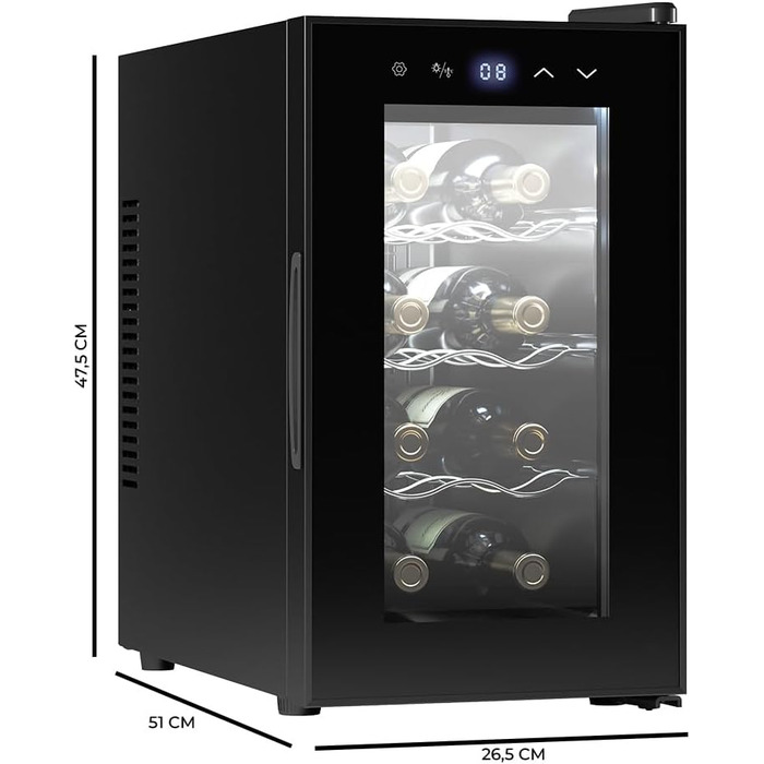 Винний шафа Cecotec Bolero GrandSommelier 830 CoolWood, термоелектрична, тиха, для 8 пляшок, налаштування температури 8-18°C, сенсорне керування, енергоефективна, чорна