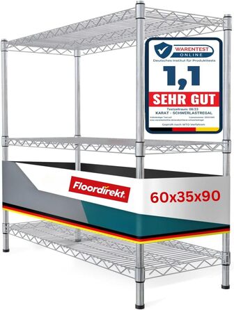 Кухонна металева полиця Floordirekt Everest, багатофункціональний хромований стелаж 60x35x90 см, 3 полиці, ванна, комора, вантажопідйомність 70 кг на полицю