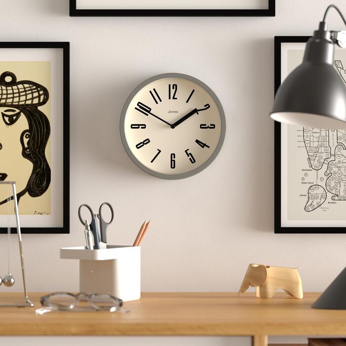 Настінний годинник JONES CLOCKS® для ванної та кухні, ретро, круглий, 20 см, сірий, великі цифри, для офісу, дитячої, маленьких приміщень