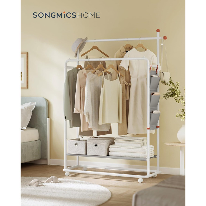 Вішак для одягу SONGMICS HOME на колесах, з 2 перекладинами, полицею, боковим органайзером та гачками, метал, матовий білий, 50x189,6 см, для спальні та коридору