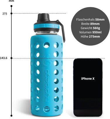 Скляна пляшка для води з силіконовим чохлом, 950 мл, герметична, BPA-free, для спорту, йоги, офісу, з 2 змінними кришками, Coral Blue
