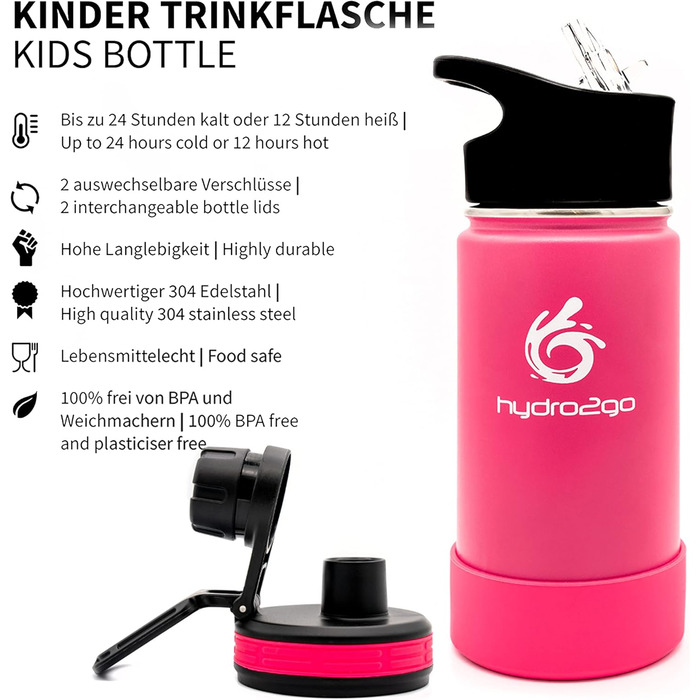 Дитяча термос-пляшка з нержавіючої сталі 350 мл Pure Pink, без BPA, з 2 герметичними кришками (трубочка і спортивна)