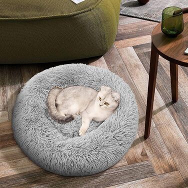 Лежак для собак і котів fireowl Donut, круглий, пухнастий, 80×80×20 см, антистрес, плюшевий, для цуценят і кошенят, світло-сірий, машинне прання