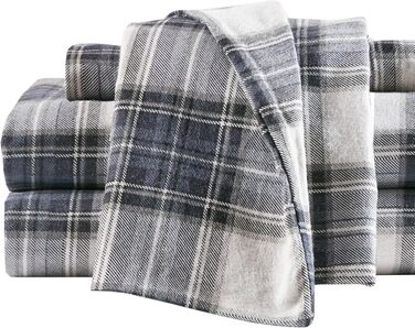 Бавовняна фланелева постільна білизна Comfort Spaces для ліжка King Size, синя шотландська клітинка, 4 предмети, тепла та дихаюча