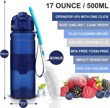 Дитяча спортивна пляшка для води ZORRI 503 мл, BPA-free, тритан, з фільтром, багаторазова, темно-синя