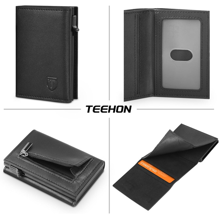 Чоловічий гаманець TEEHON зі шкіри з RFID захистом, монетницею та магнітною застібкою, чорний портмоне-картхолдер