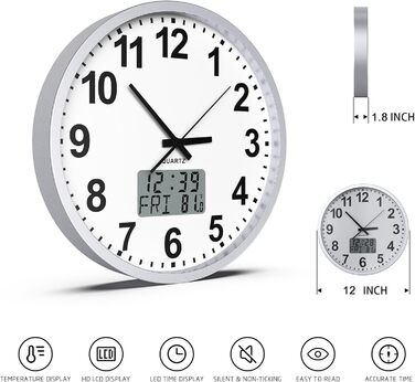 Сучасний настінний годинник KWANWA без тикань, цифровий LCD/LED дисплей, календар і температура, на батарейках, 30,5 см, 12-годинний формат, для кухні, спальні та офісу