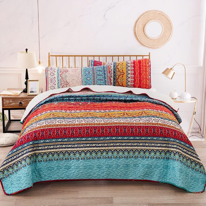 Покривало WONGS BEDDING Boho 220x240 см, мікрофібра, 3 предмети: стьобане покривало на двоспальне ліжко та 2 наволочки 50x70 см, для спальні або дивана (Богемний стиль)