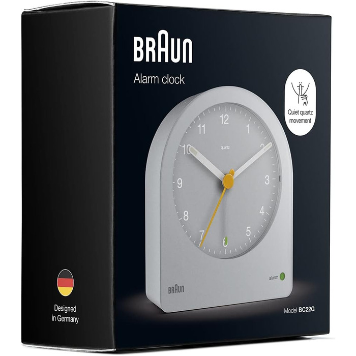 Braun класичний аналоговий будильник з підсвіткою, безшумний кварцовий механізм, поступово наростаючий сигнал, модель BC22G, сірий