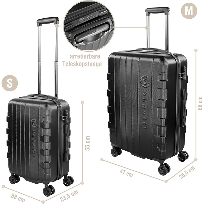Чемодан Bugatti Galatea 55x38x23,5 см, 38 л, жорсткий, 4 колеса, TSA-замок, чорний, набір