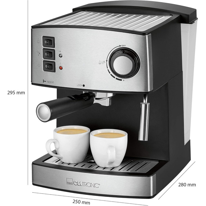 Еспресо-кавоварка Clatronic ES 3643, 15 бар, 1,6 л, 850 Вт, з нержавіючої сталі, парова насадка, знімний резервуар