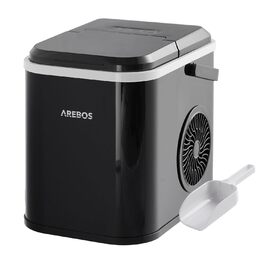 Льодогенератор Arebos 12 кг/24 год, R600a, 1,1 л, самочистка, тихий, з лопаткою та контейнером, чорний, 8 кубиків за 10 хв, льодогенератор зі скляним вікном