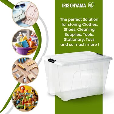 Пластикова коробка для зберігання Iris Ohyama TB-45 з кришкою, 55 л, прозора, 6 шт, з ручками та замками, міцна, для одягу, гаража, дому та офісу, штабельована