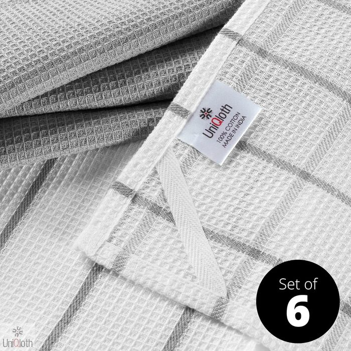 Набір кухонних рушників UniQloth 6 шт, 100% бавовна, сірі, 38x64 см, для ресторану, бару, скла, з петелькою, машинне прання, висока поглинання