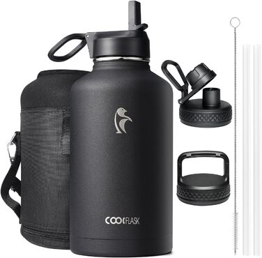 Термос пляшка для води Coolflask 2 л з трубочкою та 3 кришками, ізольована сталева спортивна пляшка з подвійною вакуумною ізоляцією, не протікає, чорна для спорту та офісу