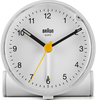 Braun класичний аналоговий будильник з підсвіткою, тихий кварцовий механізм, функція дрімоти, поступовий сигнал, білий, модель BC01W