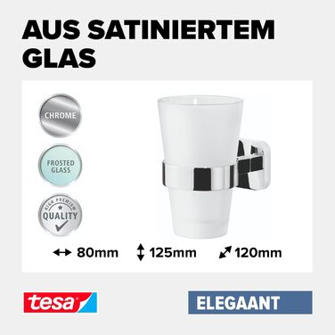 Стакан для зубних щіток tesa ELEGAANT з матового скла, з тримачем для настінного монтажу без свердління, хромований, 80x125x120 мм