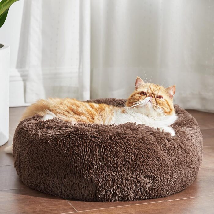 Лежак для котів та собак BEDSURE, круглий плюшевий, м'яке ліжко-кушон, коричневий, 50×50×16 см, діаметр 80 см, праний