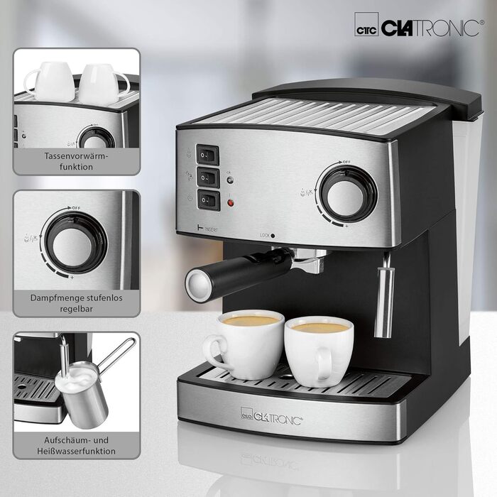 Еспресо-кавоварка Clatronic ES 3643, 15 бар, 1,6 л, 850 Вт, з нержавіючої сталі, парова насадка, знімний резервуар