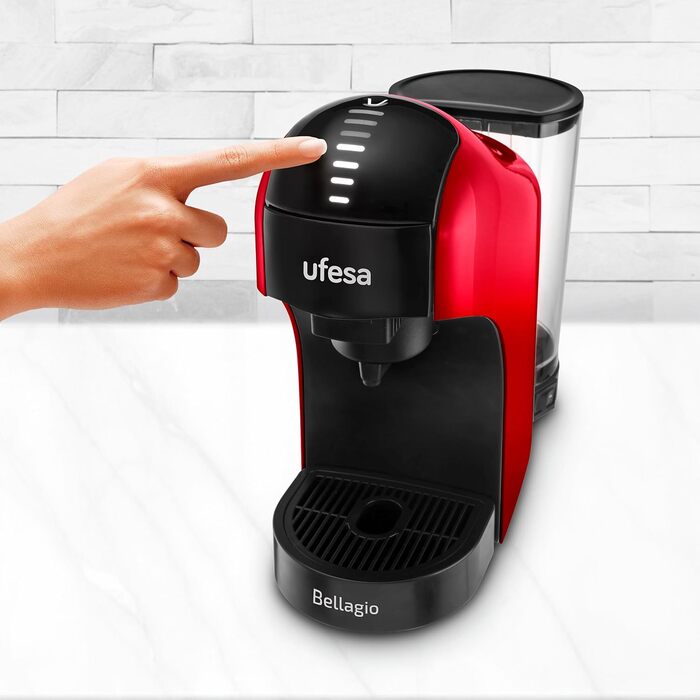 Кавоварка Ufesa Bellagio 3-в-1 для капсул Nespresso, Dolce Gusto або меленої кави, сенсорна панель, 7 режимів, резервуар 1 л, 1400 Вт, 15 бар, червона, компактна