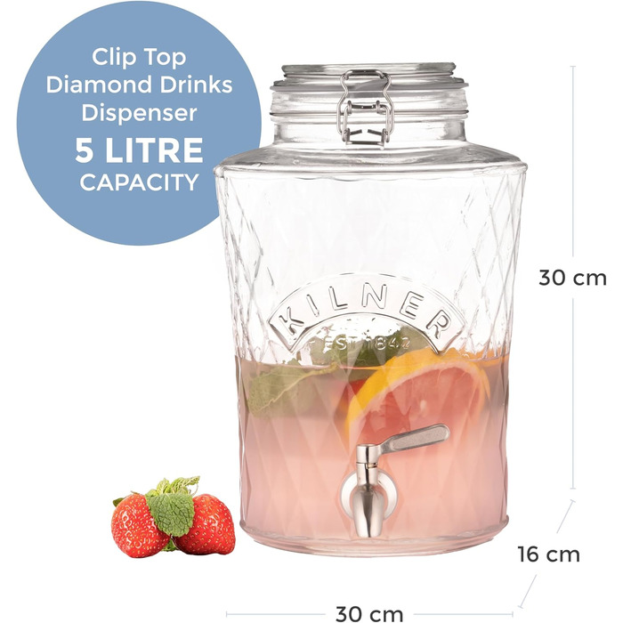 Скляний диспенсер для напоїв Kilner Diamond 5 л з нержавіючим краном, герметичною кришкою і силіконовим ущільнювачем, ідеально для соків, коктейлів та настоїв