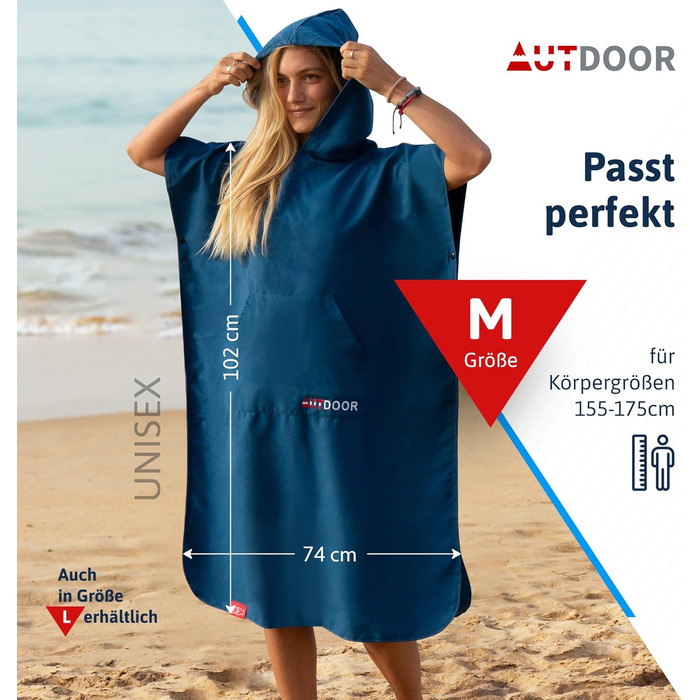 Пончо-рушник AUTDOOR® з мікрофібри для пляжу та водних видів спорту, жіноче та чоловіче, швидковисихаюче, компактне, з переробленого PET, колір синій, розмір M