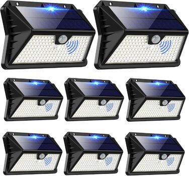 Сонячні LED ліхтарі для вулиці з датчиком руху, 185 діодів, 3 режими, IP65, холодне біле світло, набір 8 шт., водонепроникні настінні світильники для саду, двору, гаража, вхідних дверей