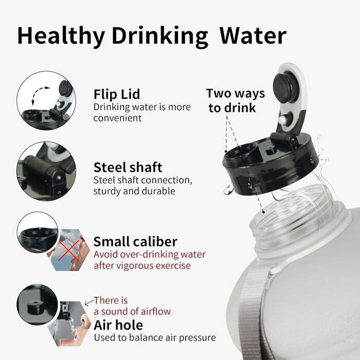 Спортивна пляшка TOOFEEL 2л, BPA Free, з мірною шкалою, багаторазова, чорна-біла для фітнесу та тренувань