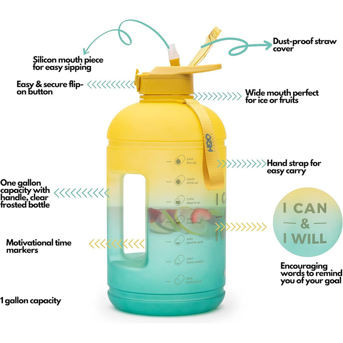 Пляшка для води H2O Capsule INSPO з часовою міткою і трубочкою, мотиваційна, герметична, харчовий пластик, з ручкою та ремінцем, колір Свіжа Авокадо, об’єм 1 галон