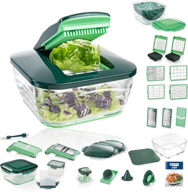 Овочерізка Genius Nicer Dicer Chef Deluxe XXL 37 предметів із набором скляних мисок, томатниця, овочерізка, 3-в-1 друшляк, шинкувальник, зелений