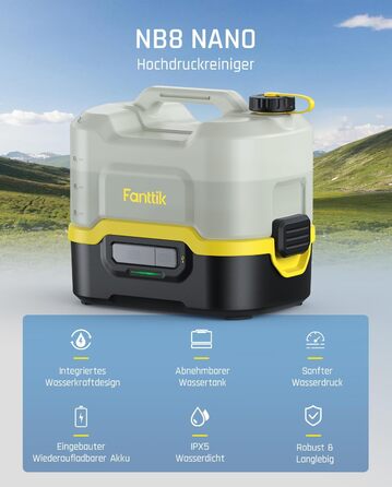 Fanttik NB8 Nano – портативна бездротова електрична мийка високого тиску з баком 8 л, телескопічною насадкою, акумулятором 2600 мА·год, для тераси, кемпінгу та миття домашніх тварин