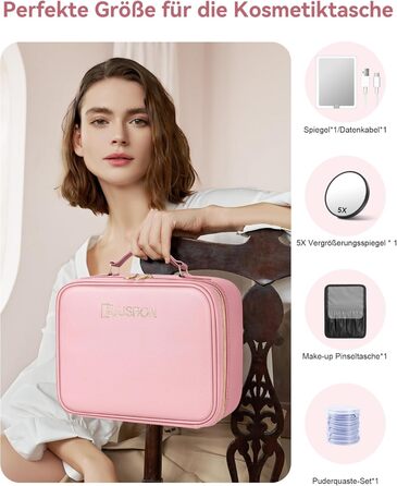 Косметичка JUSRON з LED дзеркалом, 3 кольори, велика, для подорожей, органайзер для макіяжу з регульованими перегородками, зберігання пензлів, рожева