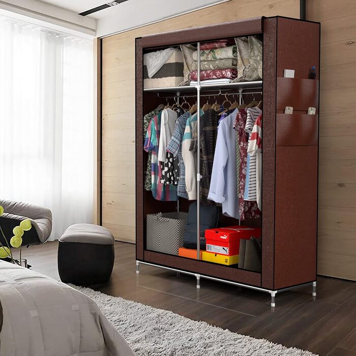 Тканинна шафа INTIRILIFE 108x170x45 см, коричнева, з блискавкою, полицями, металевим каркасом, боковою кишенею та перекладиною для одягу – складаний органайзер для зберігання