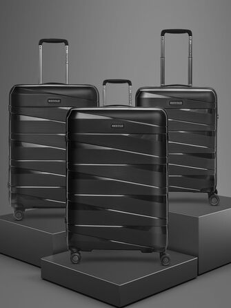 Жорсткий кабінний чемодан-тролей 40x20x55 см з поліпропілену, 4 колеса, TSA-замок, набір з 3-х, чорний металік