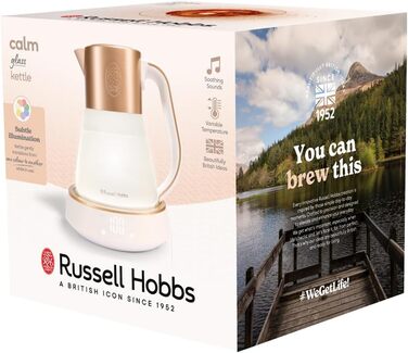 Електричний чайник Russell Hobbs зі скла 1,7 л з регулюванням температури 40-100°C, LED-підсвіткою, тихою технологією кип'ятіння, функцією підтримки тепла, цифровим дисплеєм, сенсорним управлінням, 2400 Вт, модель Calm 27450-70