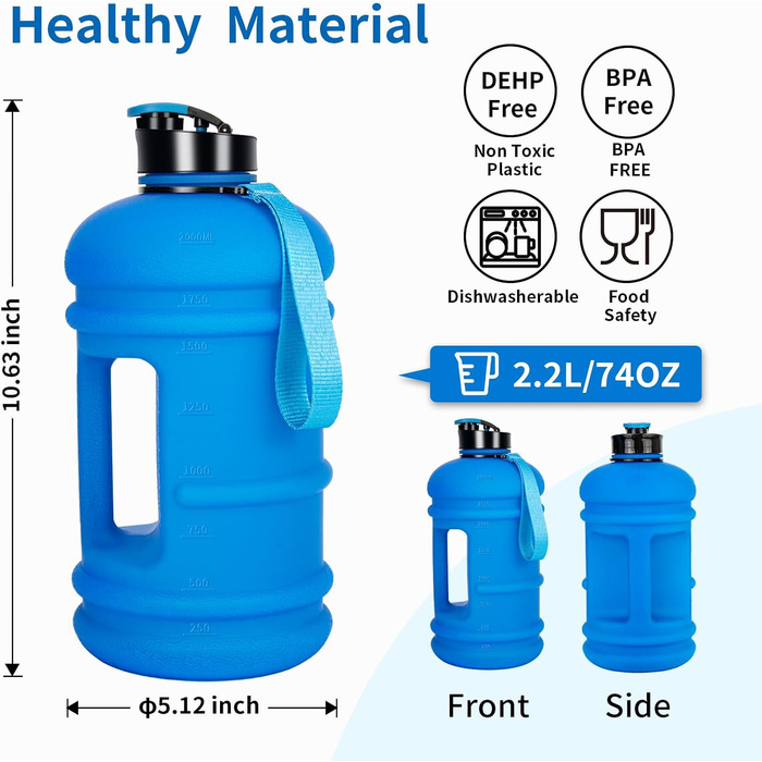 Спортивна пляшка для води TOOFEEL 2 л, BPA Free, з мірною шкалою, багаторазова, для тренувань, матова темно-синя, 1893 мл