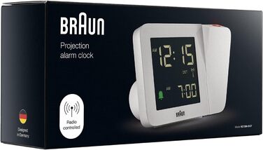 Проекційний радіо-годинник Braun BC15W-DCF з негативним LCD-дисплеєм, DCF, швидке налаштування та звуковий будильник, білий