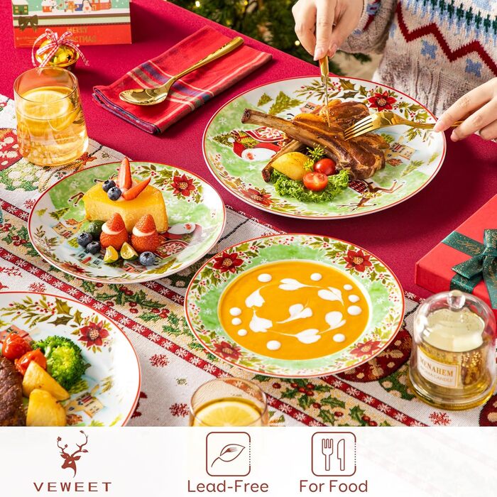 Набір різдвяного посуду VEWEET XMAS, 18 предметів, порцеляна, для 6 персон — тарілки з малюнком Санти та оленів