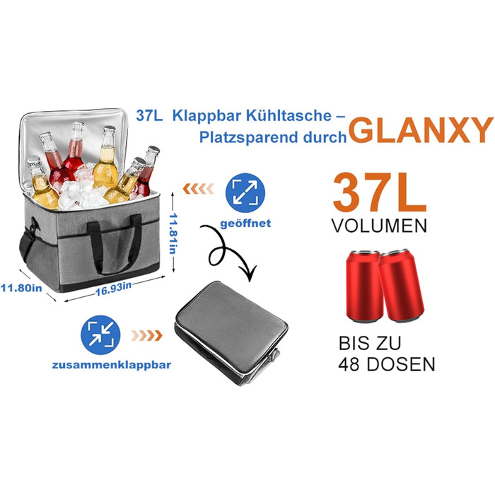 Термосумка GLANXY 37 л, велика, складна, водонепроникна, для пікніка, кемпінгу, офісу, збереження холоду та тепла
