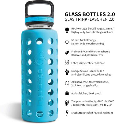 Скляна пляшка для води з силіконовим чохлом, 950 мл, герметична, BPA-free, для спорту, йоги, офісу, з 2 змінними кришками, Coral Blue