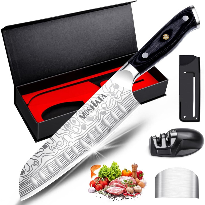 Професійний кухонний ніж MOSFiATA Santoku з нержавіючої сталі, дуже гострий, у подарунковій коробці