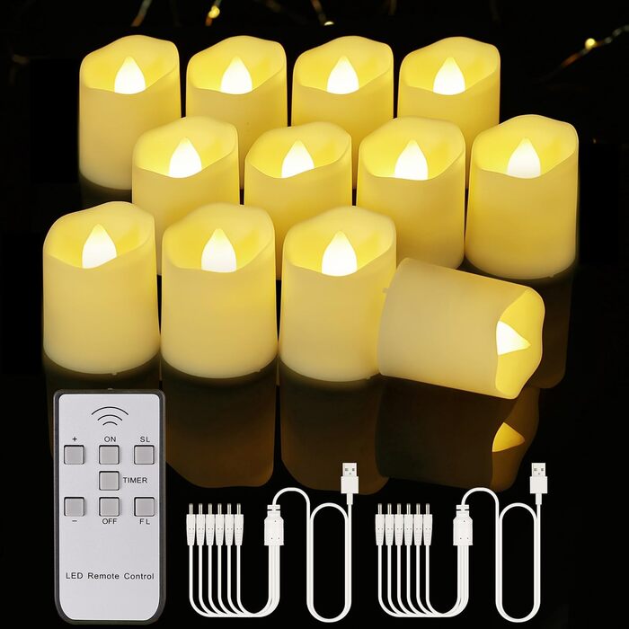 BOWKA Перезаряджувані LED чайні свічки з пультом, таймером і USB, 12 шт., тепле біле світло, безпечні без полум'я, для дому, вечірки, весілля, Хелловіну, церкви та кемпінгу