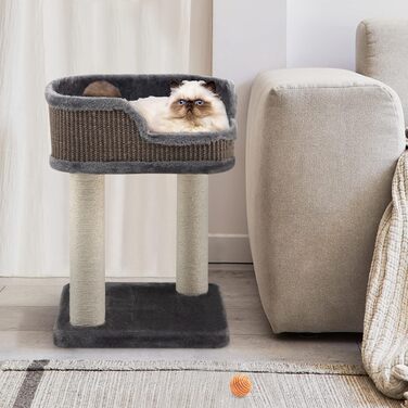 Котячий комплекс COSTWAY з дерева, сірий – ігровий дряпак для котів з великим плюшевим лежаком, натуральний сизаль, меблі для котів