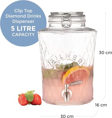 Скляний диспенсер для напоїв Kilner Diamond 5 л з нержавіючим краном, герметичною кришкою і силіконовим ущільнювачем, ідеально для соків, коктейлів та настоїв
