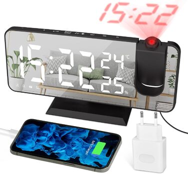 Цифровий проекційний LED-будильник із зарядкою, радіобудильник з USB-портом, подвійний будильник, LED-дзеркальний екран, регульована яскравість, індикація температури та вологості, чорний