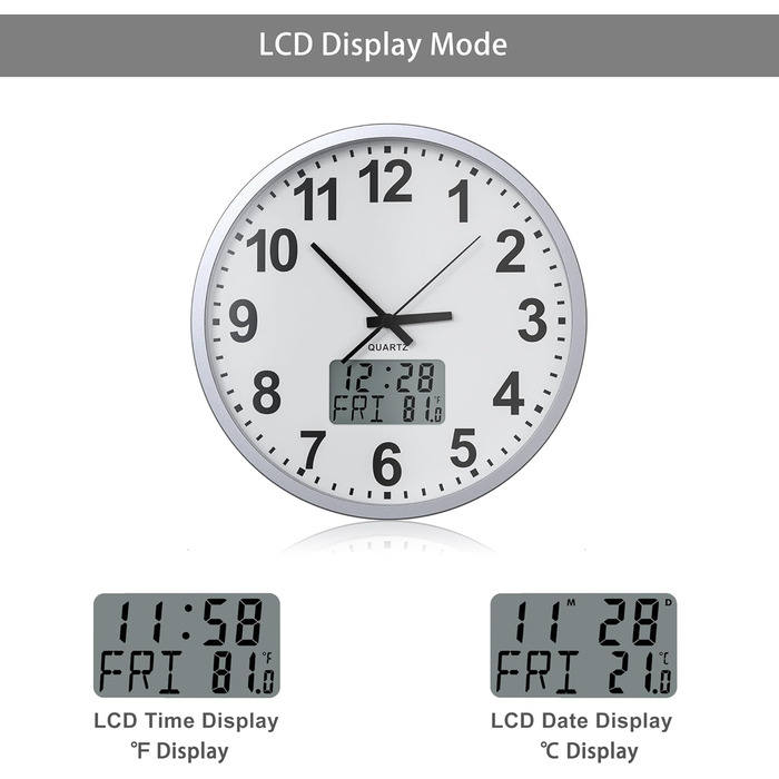 Сучасний настінний годинник KWANWA без тикань, цифровий LCD/LED дисплей, календар і температура, на батарейках, 30,5 см, 12-годинний формат, для кухні, спальні та офісу