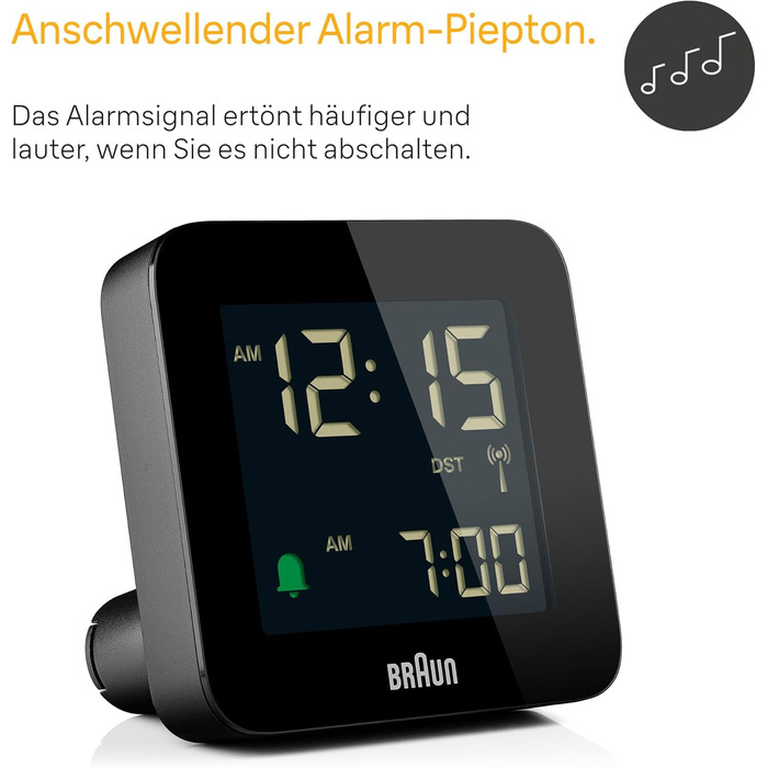 Цифровий радіо-будильник Braun BC09B-DCF з негативним LCD-дисплеєм, функцією швидкого налаштування, поступовим сигналом, режимом сну, для центральноєвропейського часу, чорний