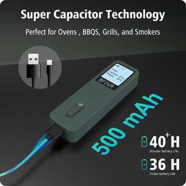 Бездротовий термометр для м'яса BFOUR з Bluetooth, водонепроникний IP67, з додатком, великий дисплей, для гриля, духовки, рожна (зелений)