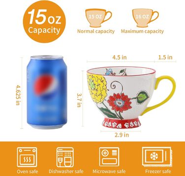 Набір великих керамічних чашок superyes 425 мл, 4 шт. — для кави, чаю, латте, капучино, мюслі, гарячого шоколаду, супу, подарунок, червоний-жовтий-зелений