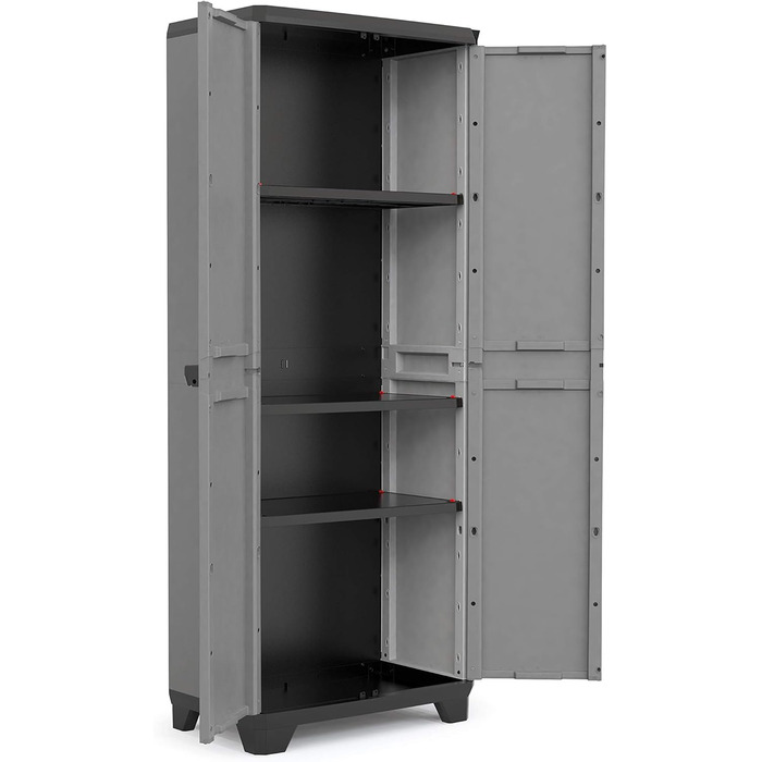 Шафа Keter Stilo пластикова висока 68x39x173 см, сіра/чорна/червона, 3 регульовані полиці по 15 кг